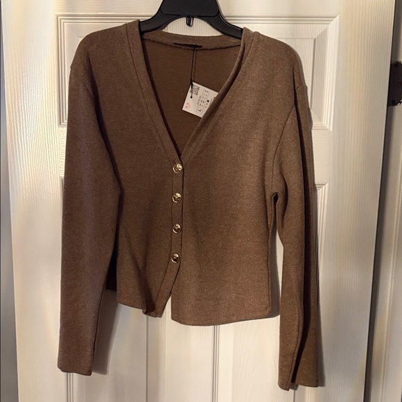 Zara Brown Knit Pantsuit with Gold Buttons - Picture 2 of 3